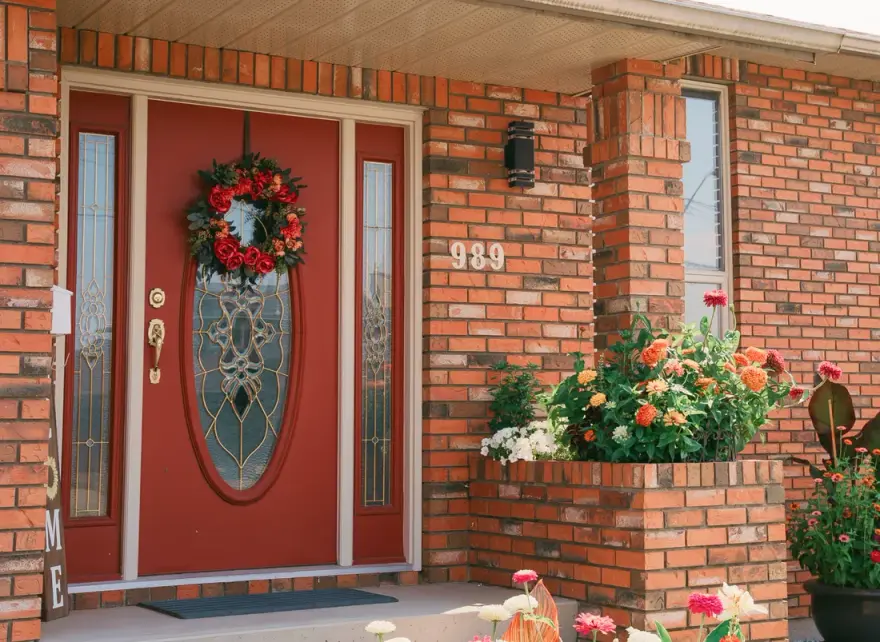 New decorative-glass entry door on a brick Alberta home